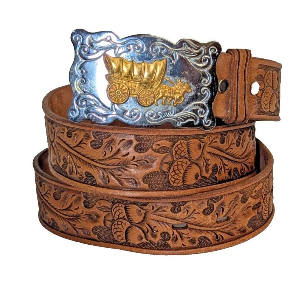 Chambers Leather Belt Co. USA Belt Buckle Covered Wagon Oak Leaves Acorn Belt